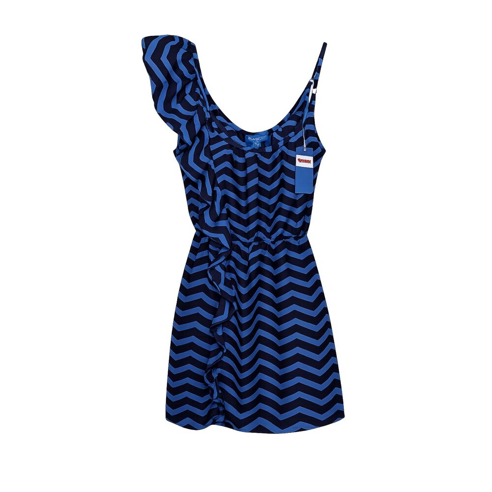 Envy Me NWT One Shoulder Ruffle Chevron Mini Dress Blue Black Size Medium